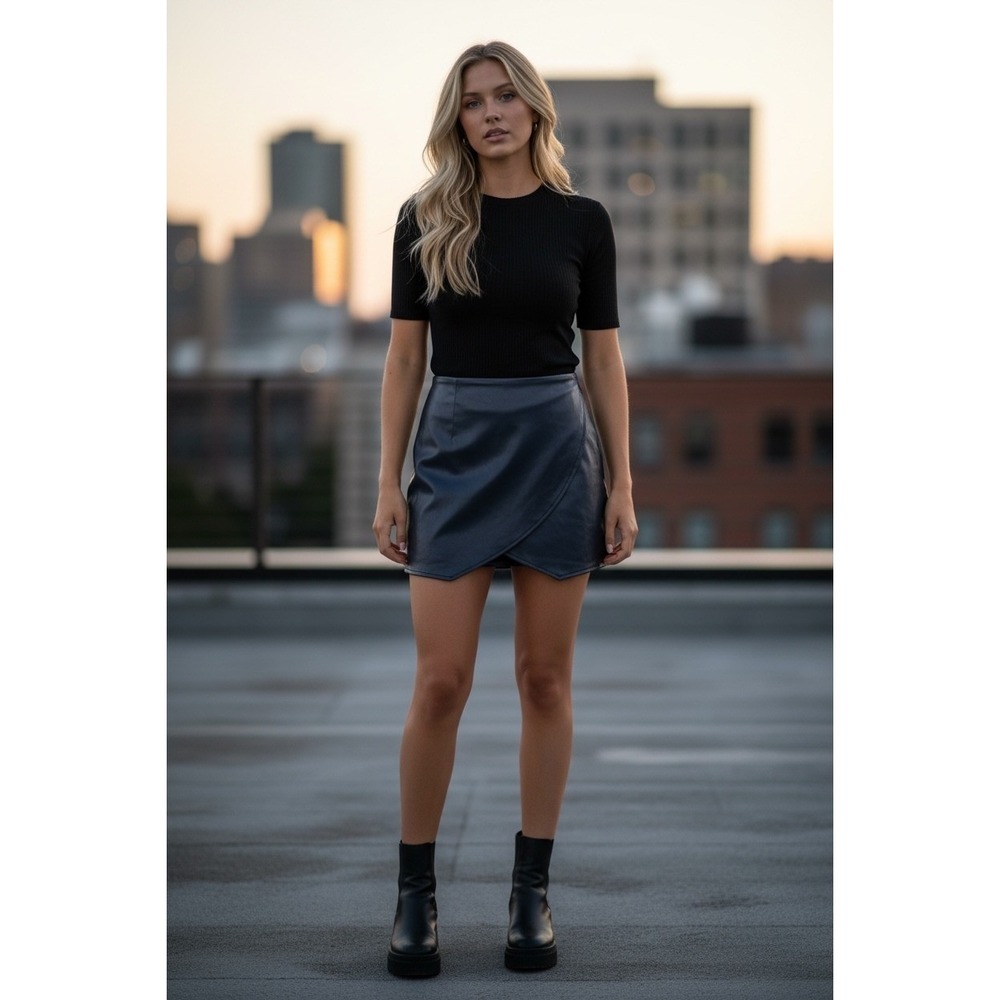 Minimalist Faux Leather Skort Womens S Navy Wrap Front Chic Y2K Clean Girl